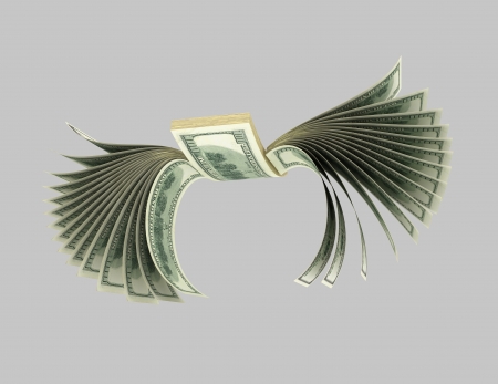 Dollar banknotes in the form of a flying bird  Isolated on greyの写真素材