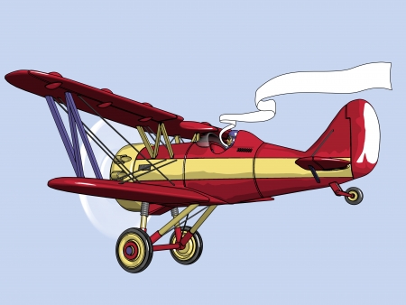 Red biplane with a yellow strip  Flies on a background of the blue sky   Ink Paintの写真素材