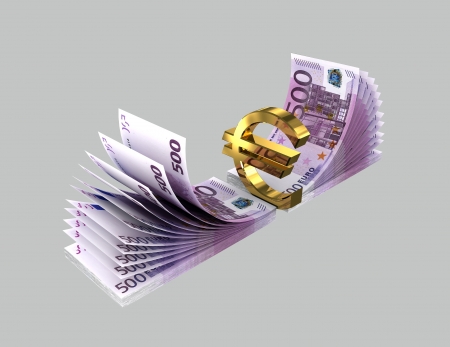 Euro banknotes and golden euro sign on a gray backgroundの写真素材