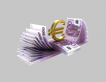 Euro banknotes and golden euro sign on a gray backgroundの写真素材
