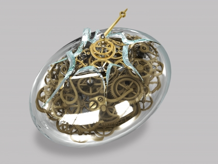Time of birth  Clock mechanism breaks through the glass envelope  Surreal  On a gray backgroundの写真素材