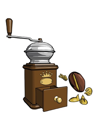 Brown wooden coffee grinder  Character - the coffee bean is looking into the open tray  のイラスト素材