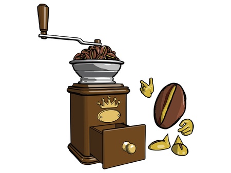 Brown wooden coffee grinder  Character - the coffee bean is looking at a lot of grain loaded into the grinder のイラスト素材