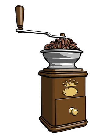 Brown wooden coffee grinder with closed tray and loaded with coffee beansのイラスト素材
