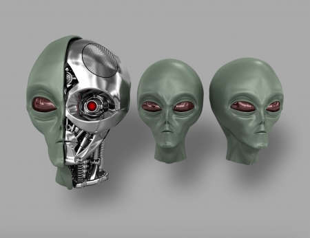 Three heads of extraterrestrial cyborg with a metal skeleton dissected. On a gray background.の写真素材
