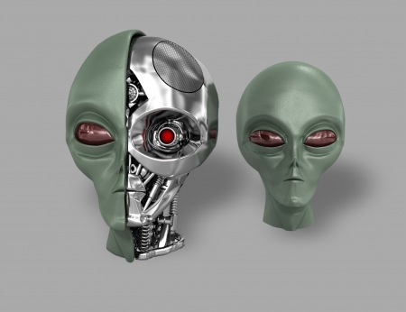Two heads of extraterrestrial cyborg with a metal skeleton dissected. On a gray background.の写真素材