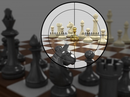 The chessboard with figures of gold pawn in the center of the optical sight. On a gray background.の写真素材