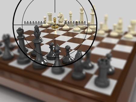 The chessboard with figures of gold pawn in the center of the optical sight. On a gray background.の写真素材