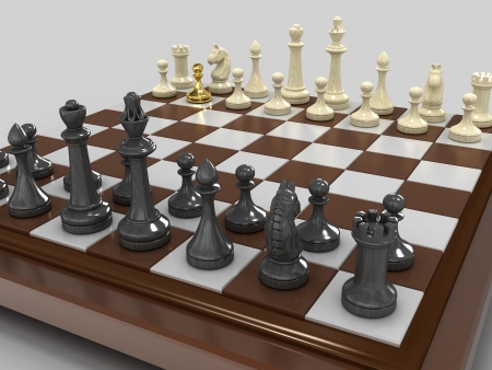 On the chessboard of black and white figures, one pawn gold. On a gray background.の写真素材