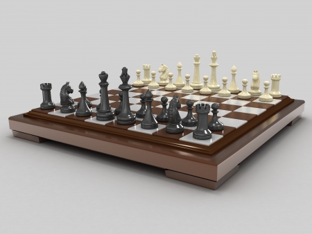 Chess board with white and black pieces. On a gray background.の写真素材