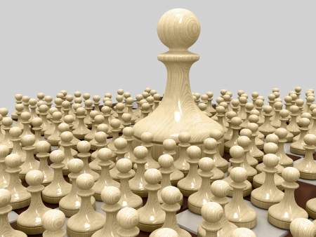 The chessboard is a lot of white pawns. One pawn is very large. On a gray background.の写真素材