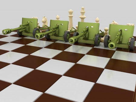 Four cannons and a group of white figures on a chessboard. On a gray background.の写真素材