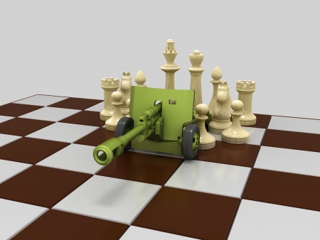 Cannon and a group of white figures on a chess board. On a gray backgroundの写真素材