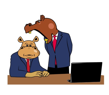 Two hippos in office at a desk with a laptopのイラスト素材