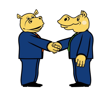 two hippo in suits and with a handshakのイラスト素材