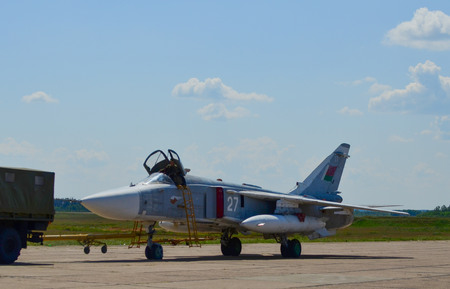 Belarus, 61st fighter airbase Baranavichy. August 15, 2018: Sukhoi Su-24 military aircraft of the Belarusian Air Force bomber combat aircraftのeditorial素材
