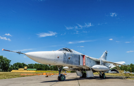 Belarus, 61st fighter airbase Baranavichy. August 15, 2018: Sukhoi Su-24 military aircraft of the Belarusian Air Force bomber combat aircraftのeditorial素材