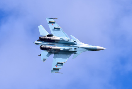 Belarus, Lida military air base, 08/09/2017: Su-30SM fighter jet aerobatic team Falcons Of Russia....