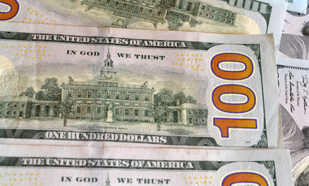 US one hundred dollar bills background. Money american hundred texture notes design. Financial...