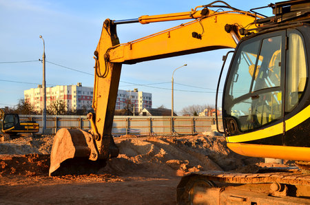 Excavator worked on a construction siteの写真素材