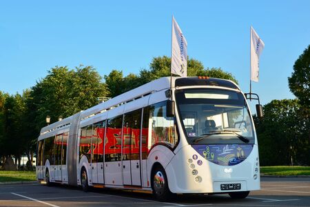 Minsk, July 29, 2019: Demonstration of Electrobus model Ð433 âVITOVT MAX ELECTROâ produced by âBelkommunmash" factory. Belarusian manufacturer of urban electric transport - trams, trolleybusesのeditorial素材