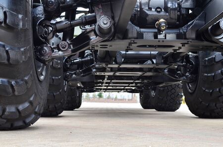 Lightweight fixed frame air suspension, air springs and shock absorbers on wheels with tyres. Truck...