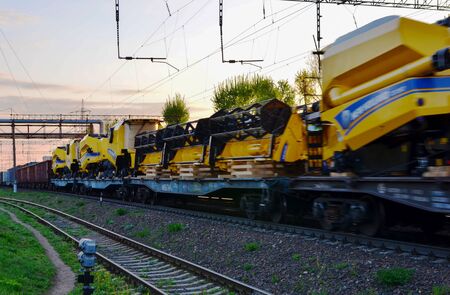 Minsk, Belarus, 07.05.2019: Transportation of agricultural harvesters New Holland (produced by CNH...