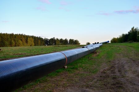 Sections of pipe on top of wooden supports at an construction site forÂ natural gas. Construction...