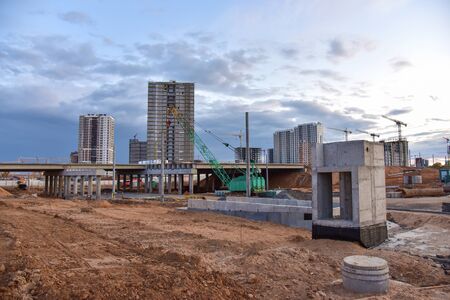 Roundabout traffic bridge construction and underground pedestrian crossing. Construction highway...