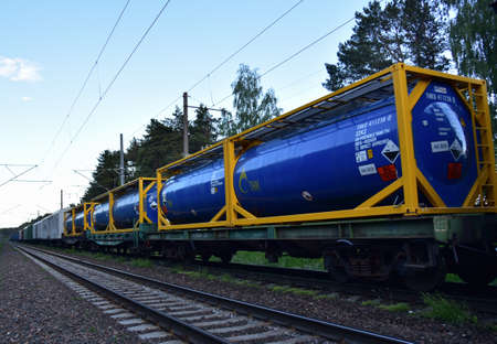 BELARUS, JUNE 04, 2020: Transport tank car LNG by Â«TNK Russian Tank Container Petrochemical CompanyÂ». LPG transport propane and gas - oil products. Rolling stock with liquefied natural gasのeditorial素材