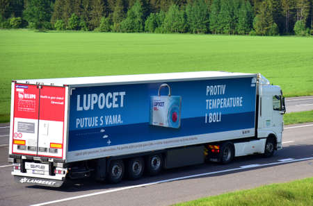 BELARUS, MINSK - JUN 07, 2020: Truck Â«Belupo pharmaceutical companyÂ» with Semi-trailer driving...