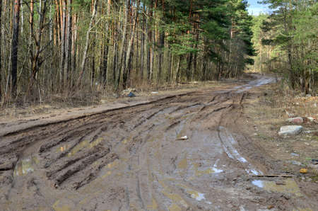 Broken dirt road after heavy rain. Swampy lagoon of a road demonstrates the most common problem in...