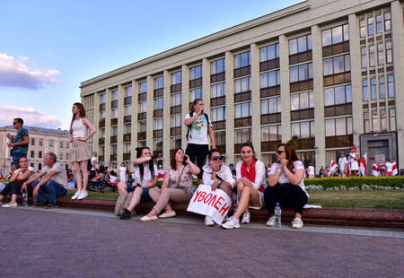 Protests in Minsk, Belarus, August 18, 2020 after presidential elections and against the police violence in country. Banner in hand: "Lukashenko Fired"!のeditorial素材