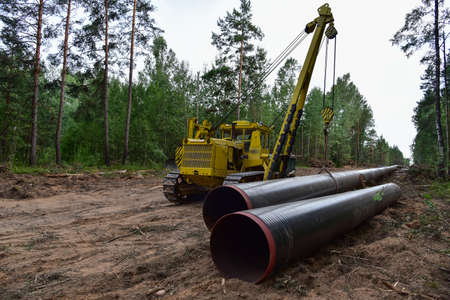 Pipelayer with side boom Installation of gas and crude oil pipes in ground. Construction of the gas...