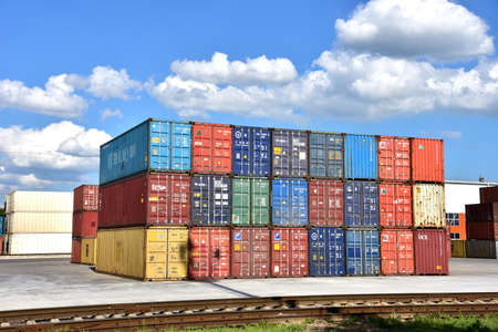 BELARUS-JUNE 07, 2020: Cargo containers at customs control zone awaits loading for shipment....