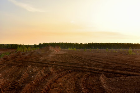 Landscape on peatlands where being development of the peat on sunset background. Drainage of peat bogs at extraction site. Drilling on bog for oil exploration. Wetlands declining and under threat.の写真素材