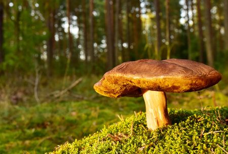 Porcini Cep White Mushroom King (Boletus Pinophilus) Mycelium grow in moss in a forest. Big bolete...