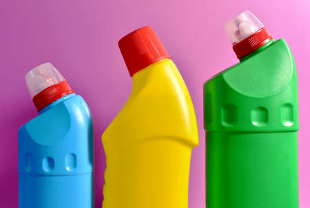 Detergent bottles. Detergents and laundry concept. Household chemicals for cleaning. Chemical liquid for washing. Concentrated and anti-bacterial liquids for dishwasher. Remove carbon and greaseの写真素材