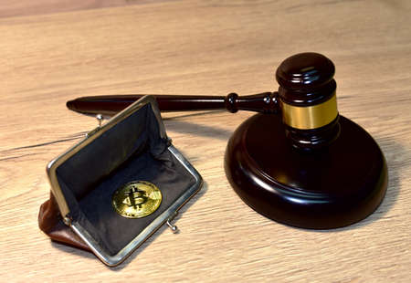 Judge hammer and BTC gold crypto coin. Justice courtroom. Ripple demands Bitcoin and Ethereum docs from SEC amid legal fight. Delist Ñryptocurrency trading. Exchanges and traders. law to banの写真素材