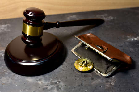 Judge hammer and BTC gold crypto coin. Justice courtroom. Ripple demands Bitcoin and Ethereum docs from SEC amid legal fight. Delist Ñryptocurrency trading. Exchanges and traders. law to banの写真素材