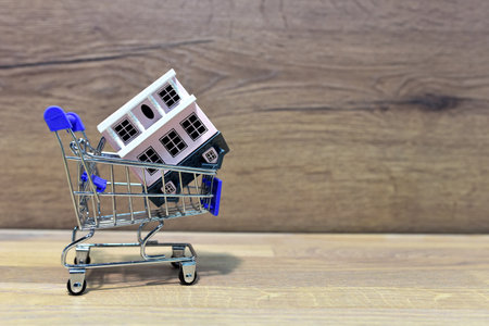 House in Supermarket Trolley. Home buying or selling. Building on credit housing or renting an apartment. Home in shopping cart for family. Real Estate Investing and Housing Market. American dream