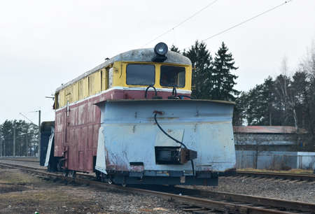 Train for clearing snow on the railway. Snowplow for railroad. Rail snow plow