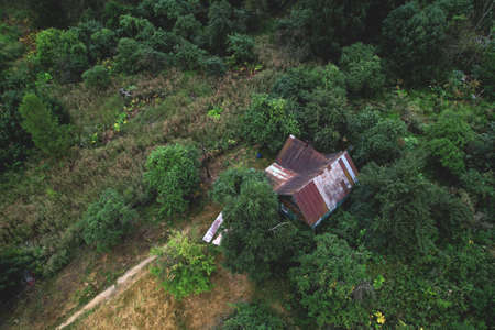 House in the forest. Old wooden house stands in the wild. Aerial view of the home in in thein the woods. Abandoned houses in dead village. Old abandoned countryside.の写真素材
