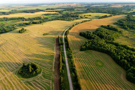 Top view of road near agricultural field. Road through the green plant. Ecosystem and environment...