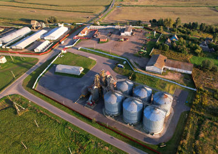 Silo storage at farm. Elevator for storage siliage and grain. Feed Silos Hopper for the storage of...