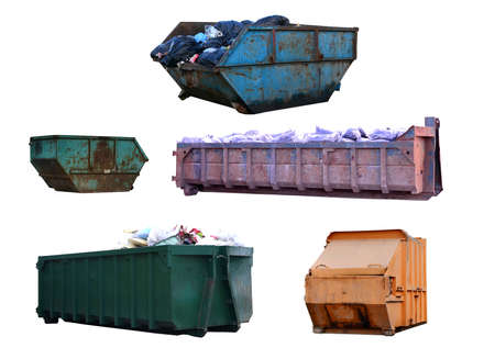 Dumpster for Demolition Removal isolated on white background. Container for garden waste and for...