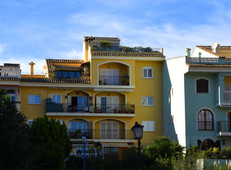 Facade building in colorfull. Residential building with balconies and windows. colorful apartment...