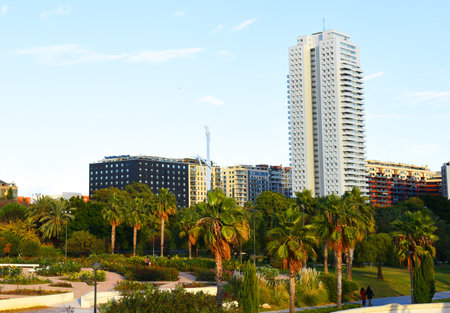 City park with gardens and green trees. Valencia Central Park on Turia River. Green trees in the...