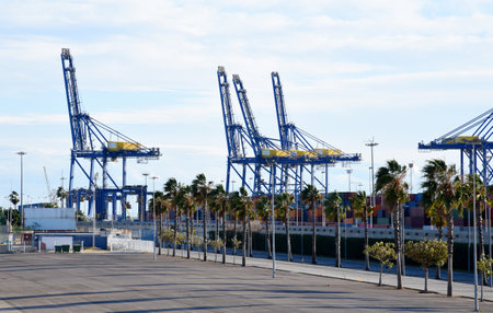 Container crane in seaport for loading and unloading sea containers. Quay crane unload container ship and store shipping containers box in customs warehouse. Delivery logistics of martime container.の写真素材