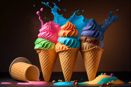 Ice cream Strawberry, vanilla, chocolate. Colorful ice cream balls in waffle cones. Ice cream Homemade. Cafe and Restaurant concept.の素材